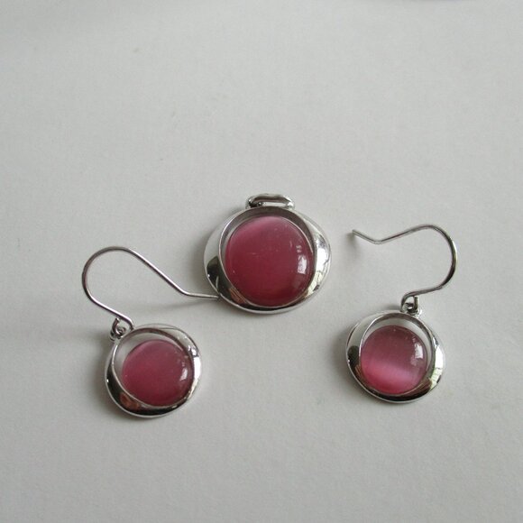 Solid Silver Sterling and Pink Quartz Drop Earrings and Pendant - Picture 1 of 11